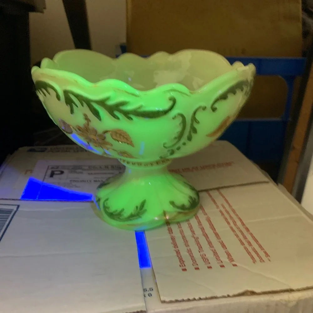 Vintage Custard Glass Pedestal Bowl Gold Floral Hand Painted Ruffled Footed Glow